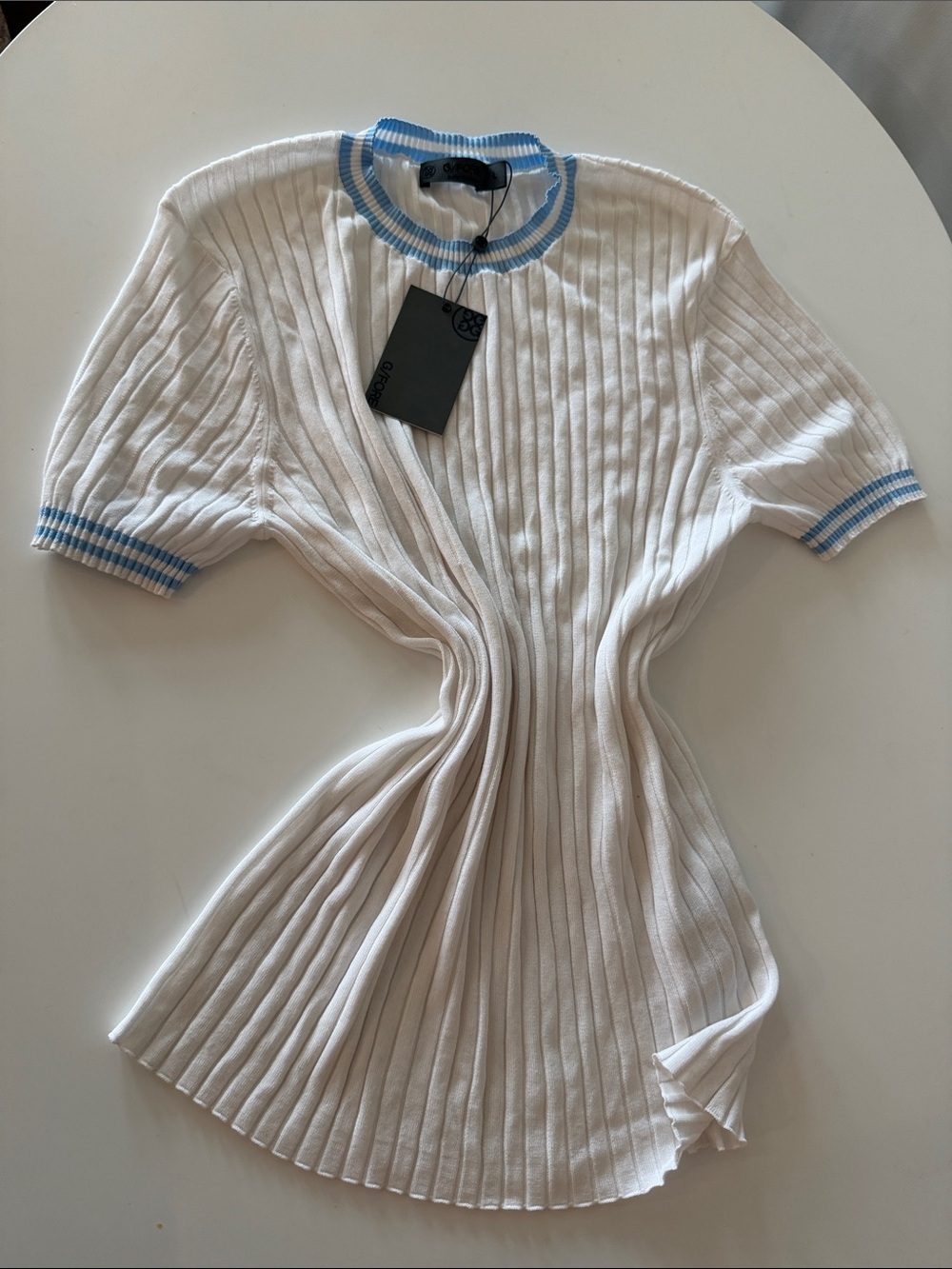 G/FORE White Ribbed women’s Short-Sleeve Top with Blue Trim